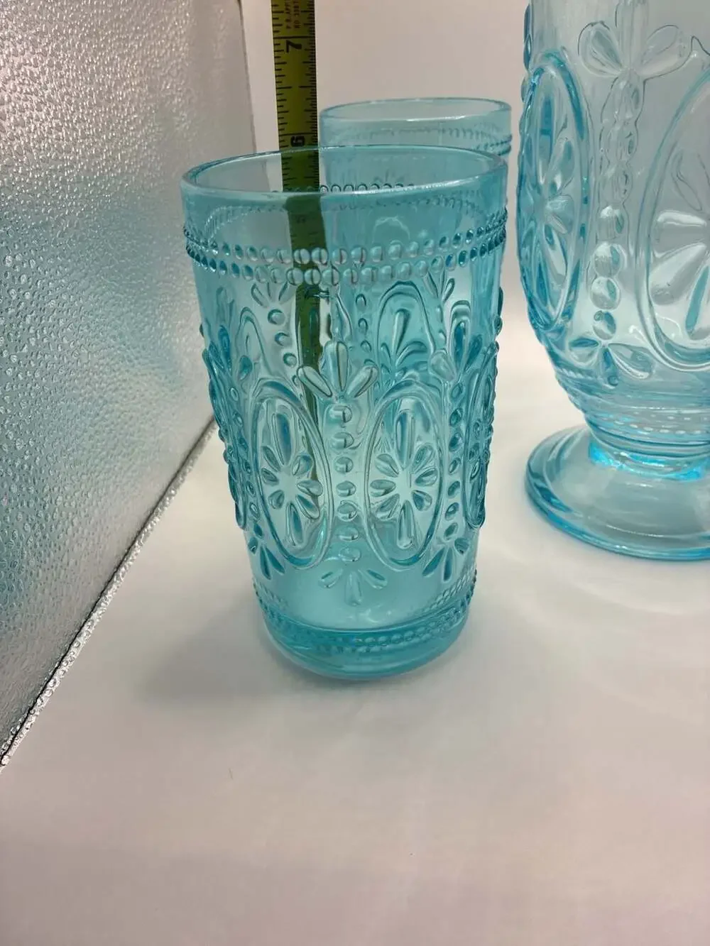 Vintage-Inspired Embossed Light Blue Glass Pitcher And 4 Tumbler Drinking Glasse
